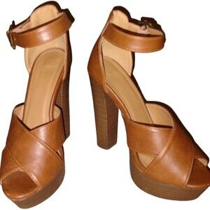 Charlotte Russe Brown Faux Leather High Stacked Heel Sandals Size 6